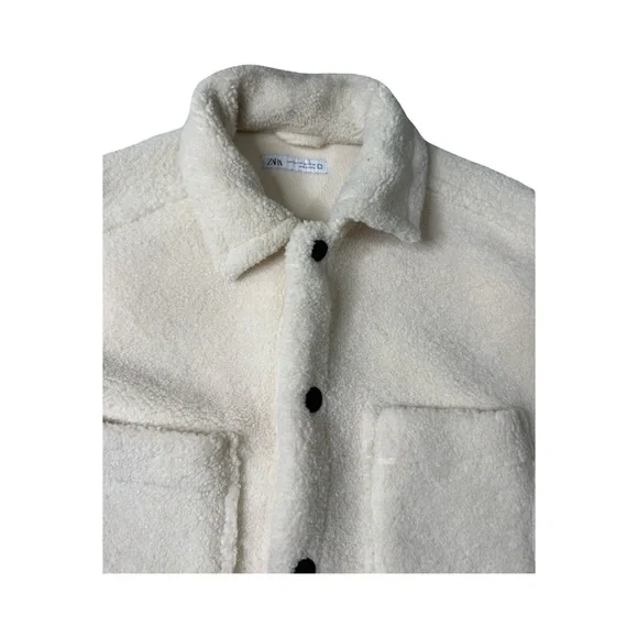 Zara Fleece Overshirt S-M Ecru White faux shearling shacket jacket coat shirt - Picture 3 of 6